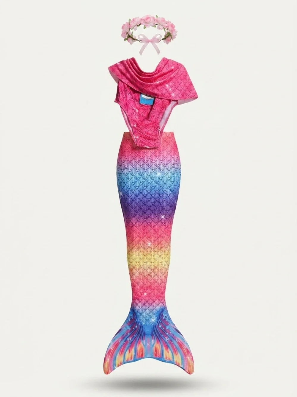 Girls Pink Multicolor Mermaid One-Piece Swimsuit with Floral Headband